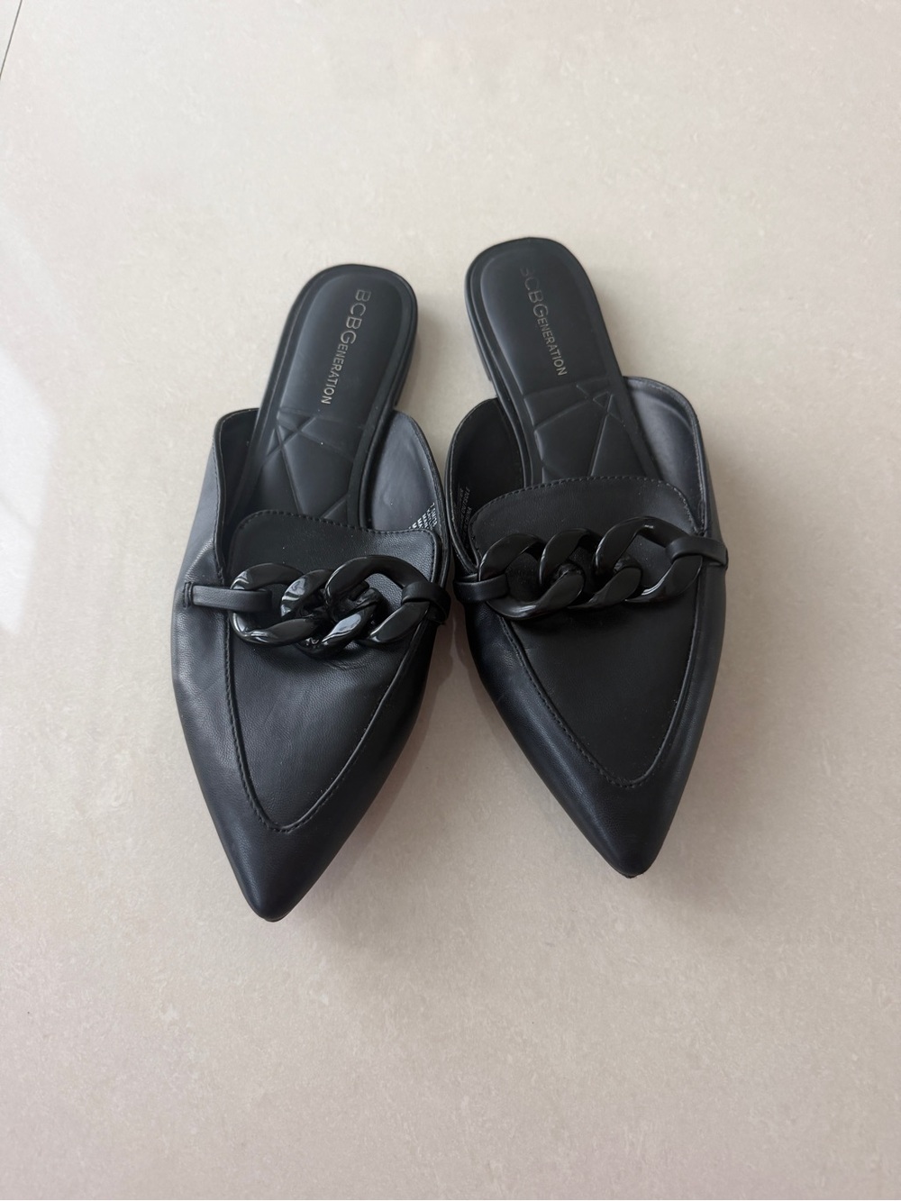 BCBGeneration Black Pointed Chain-Link Mules